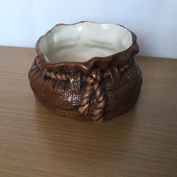 Brown handmade sack bag ceramic pottery jar with drawstring signed - Picture 1 of 6